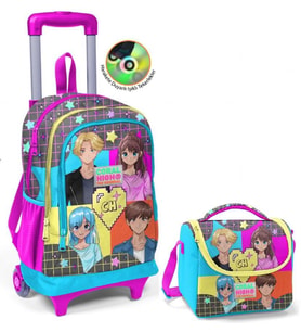 Coral High Mavi Pembe Anime Çekçek Okul Çantası ve Beslenme Seti - Işıklı Tekerlekler - Kız Çocuk