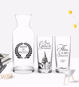 BK Gift Kişiye Özel Renkli Baskılı Şimdi Galata Da Tasarımlı İkili Rakı Bardağı ve Karaf Hediye Seti-1 (Model 1)