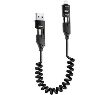 1 Arada Çok Fonksiyonlu Spiral USB Şarj Kablosu, 65W Hızlı Şarj, Type-C ve Lightning Uyumlu, Araç Kullanımı için