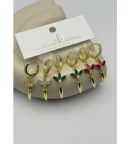 Vip Gold Renkli Taşlı Çiçek Sallantılı 6'lı Küpe - 26vipkp58