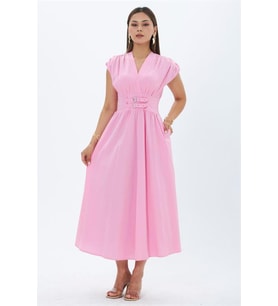 Neşeli butik kadın pembe bel çift toka detaylı cepli kruvaze yaka midi boy elbise NBMY4094