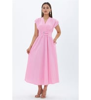 Neşeli butik kadın pembe bel çift toka detaylı cepli kruvaze yaka midi boy elbise NBMY4094