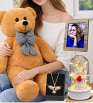 Kişiye Özel Muhteşem Set Kahve Peluş Ayıcık, Renkli Anka Kuşu Kolye, Led Işıklı Fanus ve Fotoğraf (Model 3)