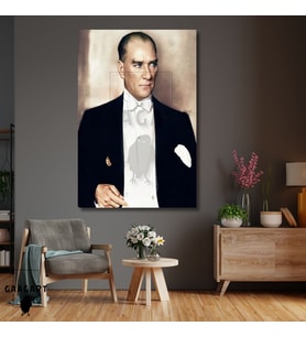 Tekli Dikey Kanvas Duvar Tablosu Beyaz Papyonlu Atatürk