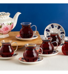 Perotti 17903 Laleli 12 Parça 6 Kişilik Çay Seti – 210 ml Borosilikat Cam Kulplu Tombik Bardak ve Porselen Çay Tabağı Takımı