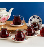 Perotti 17903 Laleli 12 Parça 6 Kişilik Çay Seti – 210 ml Borosilikat Cam Kulplu Tombik Bardak ve Porselen Çay Tabağı Takımı