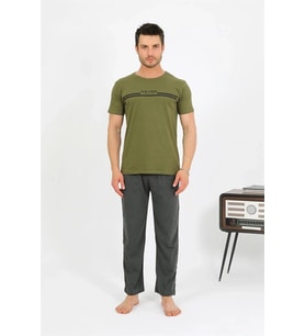 pilelistore- Erkek Pamuk Kısa Kol Pijama Takım Haki