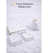 More Home % 100 Pamuk Müslin Örtü, Bebek Battaniyesi 6 Parça Set Yıldızlı Gri Beyaz