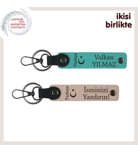 Anlamlı Bir Hediye – Ayyıldız ve Türkiye Deri Anahtarlık Takımı 2li Set, Koyu Turkuaz-Yavru Ağzı (Çok Renkli)