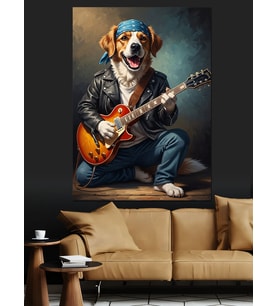 Gitar Çalan Karizmatik Köpek Figürü Dekoratif Kanvas - Mdf Ahşap Tablo