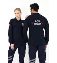 Acil Sağlık Yakalı Unisex Tshirt Uzun Kol Nakışlı - Lacivert