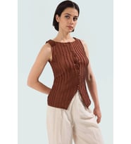 Regular Bluz Gofre Örme Kumaş Kayık Yaka Günlük Kullanım Kaliteli İşçilik (Kahverengi)