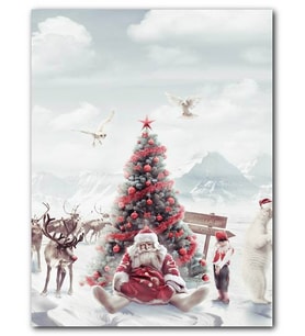Cakatablo MDF (Ahşap) Tablo Yılbaşı Ağacının Önündeki Yorgun Noel Baba