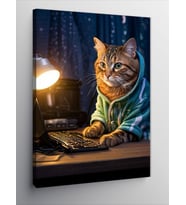 Kanvas Tablo Bilgisayar Kullanan Kedi