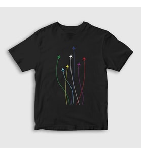 Presmono Unisex Çocuk Siyah Rainbow Pilot Airplane Uçak T-Shirt 410799tt