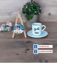 Gelin Türk Kahvesi Fincanı Ahşap Altlıklı ve Fotoğraflı Ahşap Anahtarlık Hediye (Model 2)