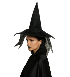 Hallowen Cadı Şapkası Baskılı Tüylü Simli Siyah Cadılar Bayramı Korku Şapkası