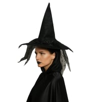 Hallowen Cadı Şapkası Baskılı Tüylü Simli Siyah Cadılar Bayramı Korku Şapkası