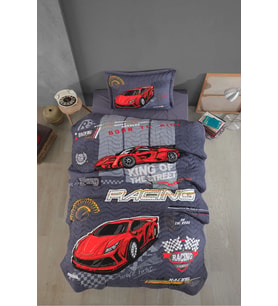 Clasy Ranforce %100 Pamuk Tek Kişilik Yatak Örtüsü Seti Racing Team Gri