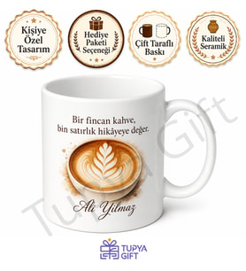 Latte Art Temalı Baskılı Kupa Bardak Kahve Severlere Özel Tasarım Hediye