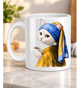 Türbanlı Sanatsal Kedi Portresi Desenli Kedi Severlere Hediye Porselen Kupa Bardak