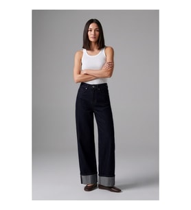 Kadın Yüksek Bel Wide Leg Paçası Katlamalı Lacivert Jean Pantolon