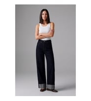 Kadın Yüksek Bel Wide Leg Paçası Katlamalı Lacivert Jean Pantolon