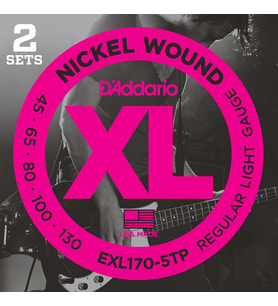 D'Addario EXL170-5TP XL Nickel 5 Telli Bas Gitar Tel Seti (2'li İkiz Paket) 45-130 Kalınlık, Nikel Sarım, Long Scale