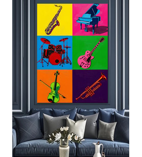 Pop Art Renkli Enstrümanlar Dekoratif Kanvas - Mdf Ahşap Tablo