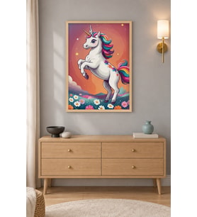 Şahlanan Unicorn Çiçekli Çayır Ahşap Çerçeveli Duvar Tablosu