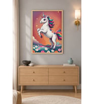 Şahlanan Unicorn Çiçekli Çayır Ahşap Çerçeveli Duvar Tablosu