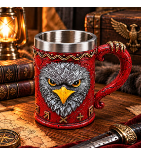 Kartal Figürlü 3D Kabartmalı Kırmızı Kupa Paslanmaz Çelik İç Hazneli Viking Tasarım Hediyelik Bardak