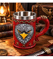 Kartal Figürlü 3D Kabartmalı Kırmızı Kupa Paslanmaz Çelik İç Hazneli Viking Tasarım Hediyelik Bardak