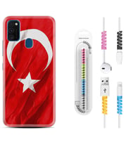 Samsung M21 M22 M23 M30 M31S M32 Kılıf Kablo Koruma Spiral Silikon Şanlı Türk Bayrağı 4 1401