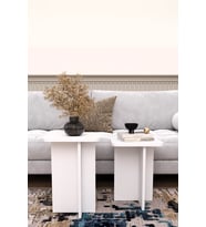 2'li T Sehpa Seti  Ahşap Modern Koltuk Yanı Zigon Sehpa  Salon Ofis Dekoratif Orta Sehpa Seti (Beyaz)