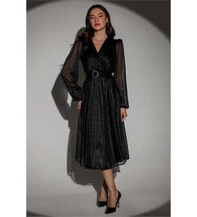 Neşeli butik kadın kemerli kruvaze yaka simli gece elbisesi NBMY3590 (Siyah)