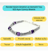 Sertifikalı Rondel Kesim Ametist ve Hematit  925 Ayar Doğal Taş Gümüş Bileklik 6mm
