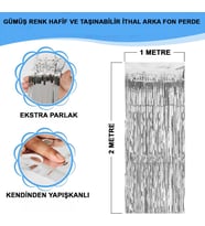 Gümüş Renk Ekstra Metalize Parlak Saçaklı Arka Fon Perde İthal A Kalite 1x2 Metre