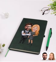 BK Gift Kişiye Özel Sevgililer Karikatürlü Yeşil Termo Deri Defter Kalem Seti Model 100
