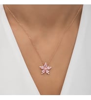 Pembe Taşlı Rose Yıldız Çiçeği Kolye-925 Ayar Gümüş