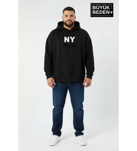 Erkek Büyük Beden İnce Kapşonlu NY Newyork Baskılı ince Swatshırt SPR26BSW957-15