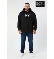 Erkek Büyük Beden İnce Kapşonlu NY Newyork Baskılı ince Swatshırt SPR26BSW957-15 (Siyah)