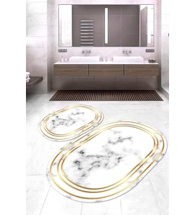 Dijital Baskılı Kaymaz Taban Yıkanabilir Oval 2'li Klozet Takımı Banyo Paspası NOKZ-SD-47 (Beyaz)