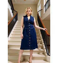 Kadın Büyük Beden Midi Elbise Yaka Kolsuz A line Kesim Düz Desen Denim Kumaş Orta Esnek