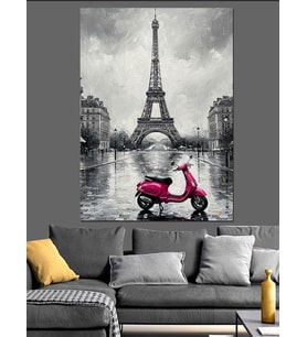 Eiffel Kulesi Ve Vespa Siyah Beyaz Dekoratif Kanvas - Mdf Ahşap Tablo