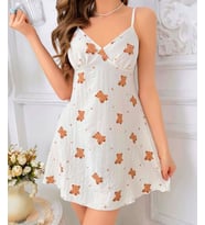 Lily Bianca %100 Pamuk Penye Ayıcık Desenli V Yaka Şirin Mini Gecelik-13003 (Beyaz)