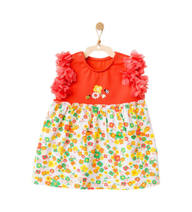 Andywawa Kız Bebek Çiçek Motifli Kolları Tüllü Elbise AC21835R (Turuncu)