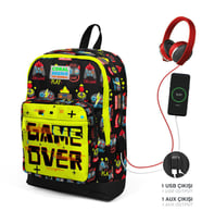 Coral High Kids Siyah Neon Sarı Game Over Desenli Dört Bölmeli  USB Şarjlı Kulaklık Çıkışlı Okul Sırt Çantası 23828