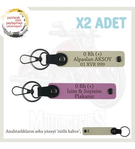 Motorcu Dostlara Özel, İsim Plaka ve 0 Rh (+) Kan Grubu Yazılı Deri x2 Anahtarlık, Pembe-S Kahve-SK (Çok Renkli)
