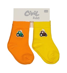 Civil Baby Traktör Aksesuar Nakışlı 2'li 6-18 Ay Bebek Erkek Çorap Set - Sarı 12 Ay